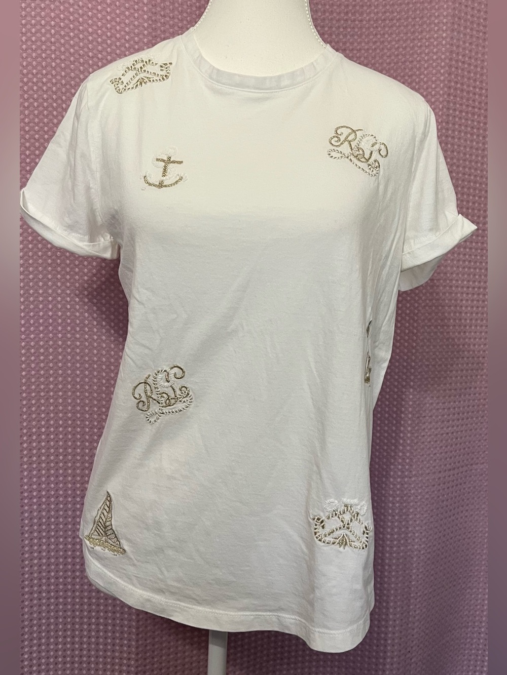 Ralph Lauren White Short Sleeve Tee with Gold Embroidered Nautical Accents